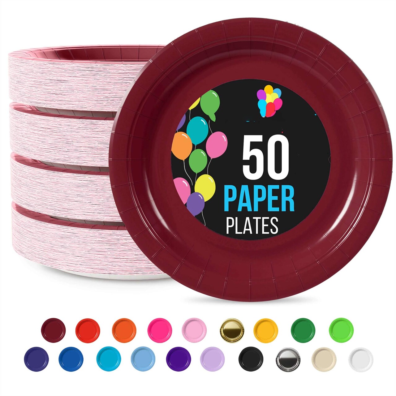 50 Count Burgundy Paper Plates Elegant Disposable Party Celebrations for Events 7"